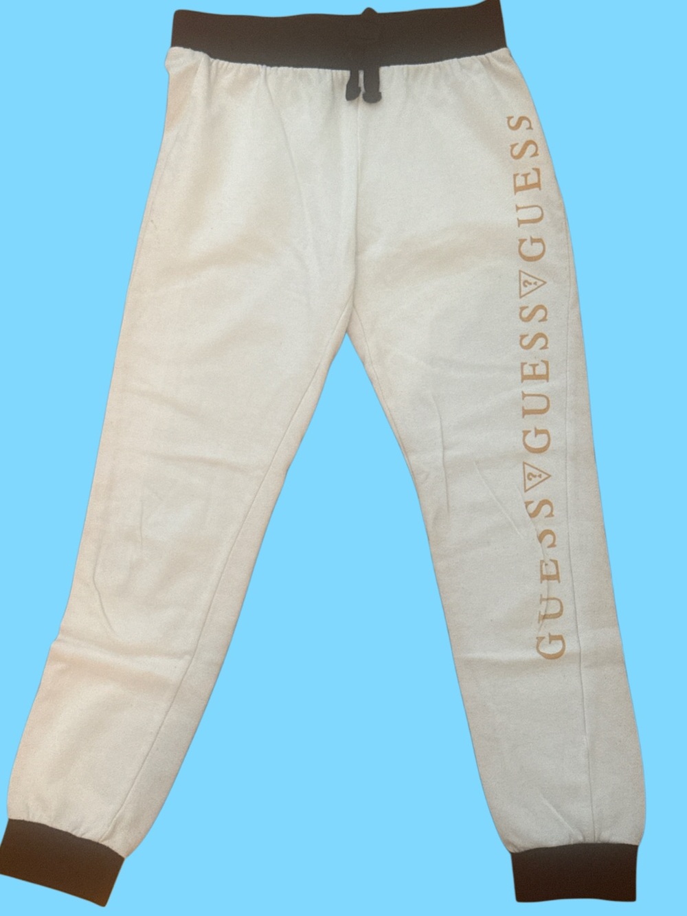 GUESS White Joggers with Gold Logo Size L (14) Black Trim Drawstring